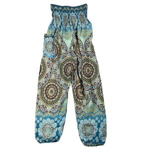 Joob Joob Harem Pants S/M Teal Blue Mandala‎ Print Smocked Waist Boho Bohemian